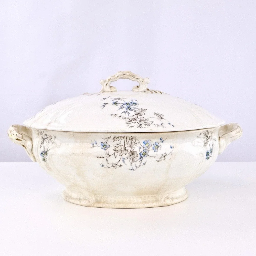 Antique White Ironstone Soup Tureen with Lid - Blue Floral, Hand Signed Base